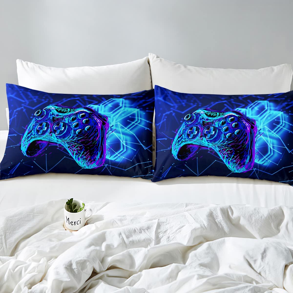 Juego de funda de edredón para niños, diseño de Gamepad con mando de juego, color azul, para decoración de niños, niñas, adolescentes, moderna funda de edredón para consolas de videojuegos, geometría