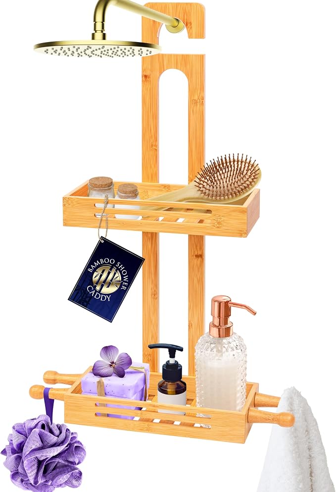 SereneLife Bamboo Hanging Shower Caddy with 2 Tiers, Anti-Slip Design for Bathroom Essentials, Self-Draining Shelves for Easy Organization