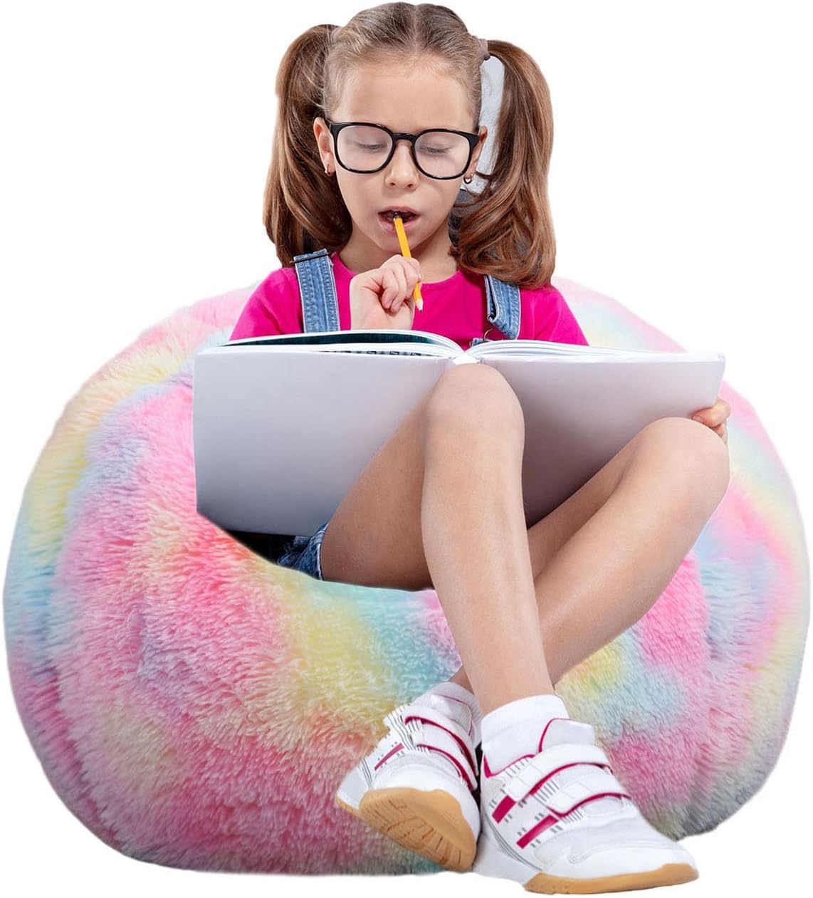 Fluffy Bean Bag Chair for Kids, 2.5FT Round Memory Foam Filled Bean Bag for Teens & Kids, Ultra Soft Faux Fur Fabric Bean Bag Chairs for Playroom, Living Room, Bedroom, Rainbow
