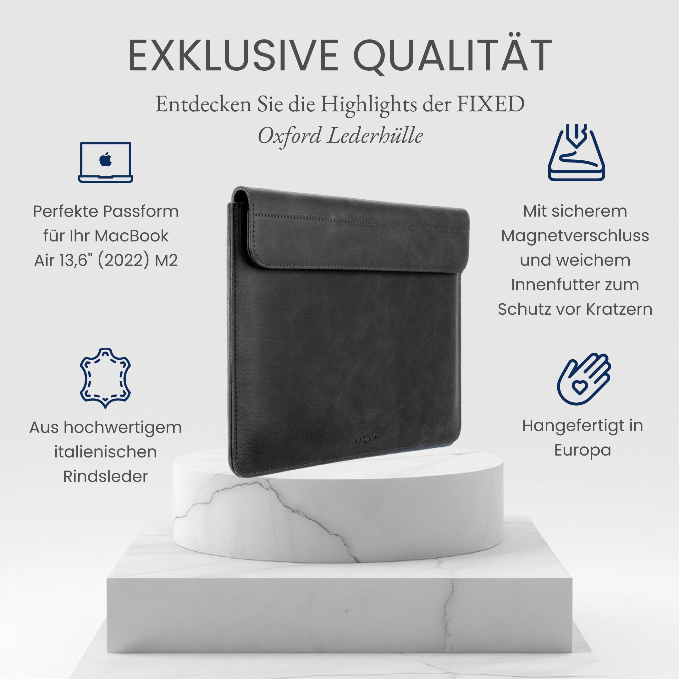 FIXED Oxford Lederhülle 13,6 Zoll für MacBook Air (2022) M2/M3, iPad und andere Geräte: Handgefertigte Laptoptasche aus italienischem Rindsleder, Hülle mit Magnetverschluss, Schwarz