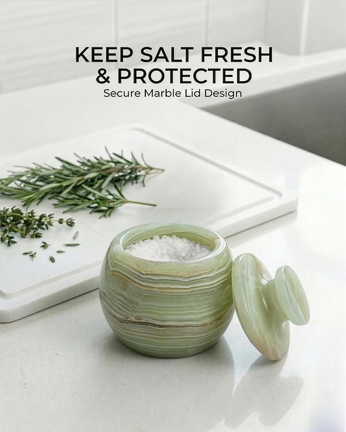Natural Marble Candy Jar Handmade Cover Pot Storage - Deep Covered Kitchenware Jar Container, Onyx Green