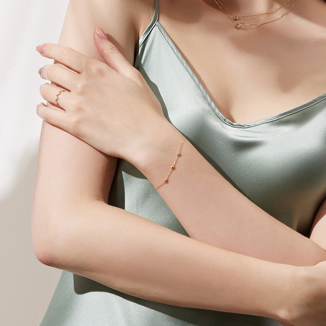 Carleen 18K Solid Gold Three Round Dot 0.045 ct Genuine Diamond Station Bracelet Minimalist Dainty Delicate Fine Jewelry Gift For Women Girls, Chain Length 6.7+1.2 Inch - Image 4