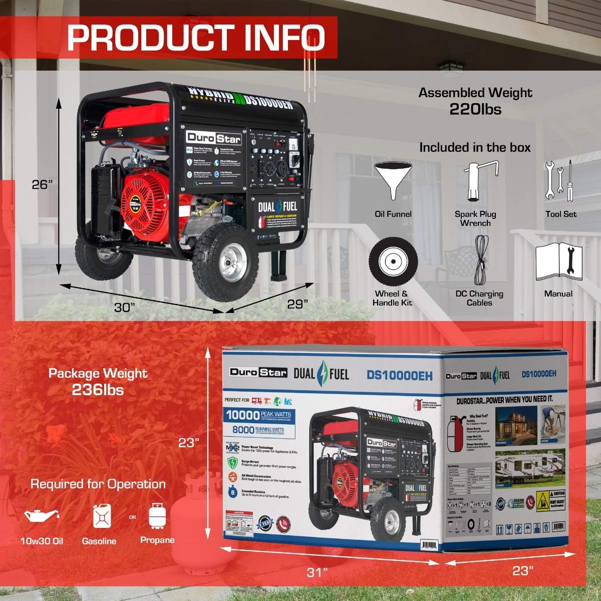DuroStar DS10000EH Dual Fuel Portable Generator-10000 Watt Electric Start-Home Back Up & RV Ready, 50 State Approved, Red/Black : Everything Else