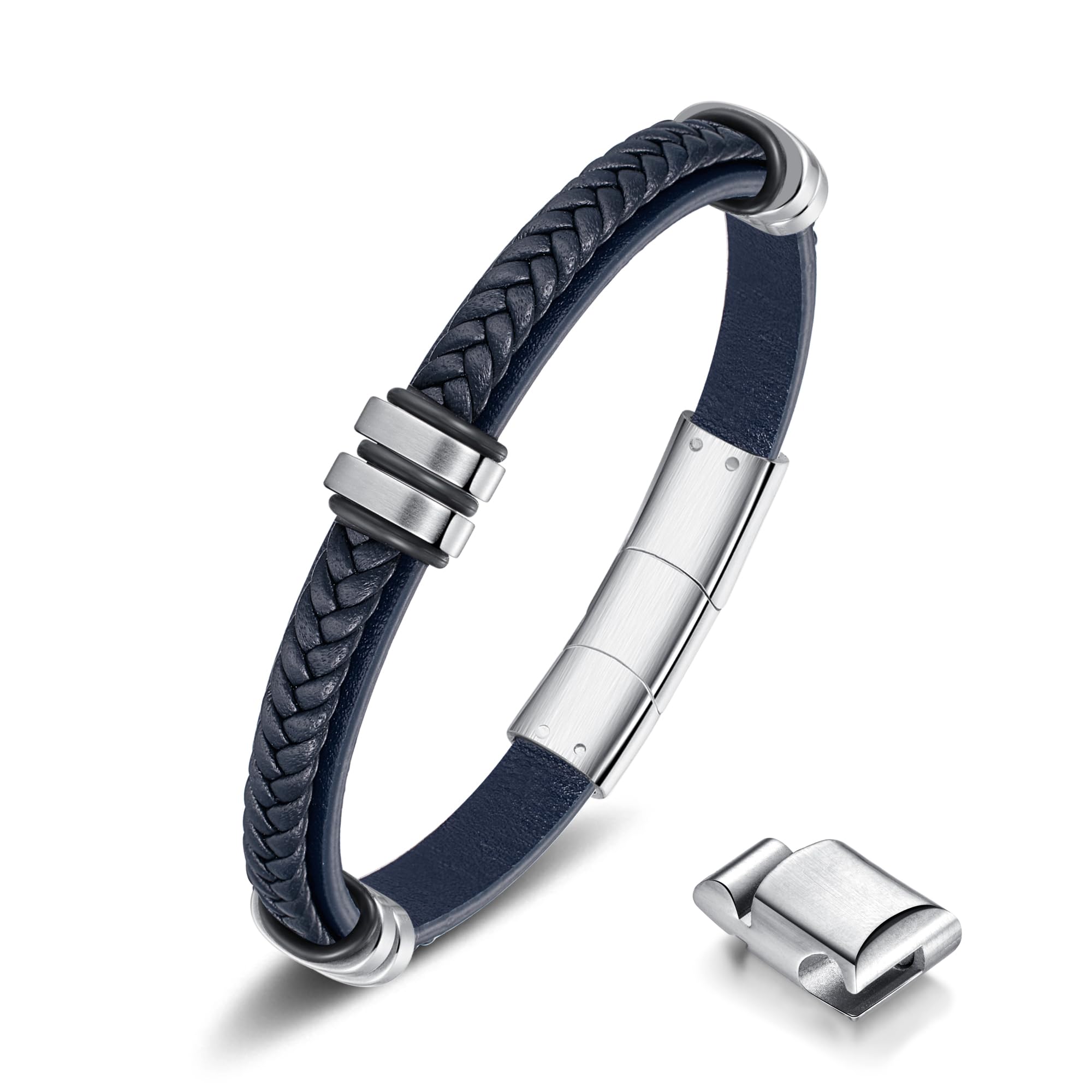 Leather Bracelet for Men with Adjustable Stainless Steel Magnetic Clasp Multi-Layer Braided Mens Genuine Leather Bracelet