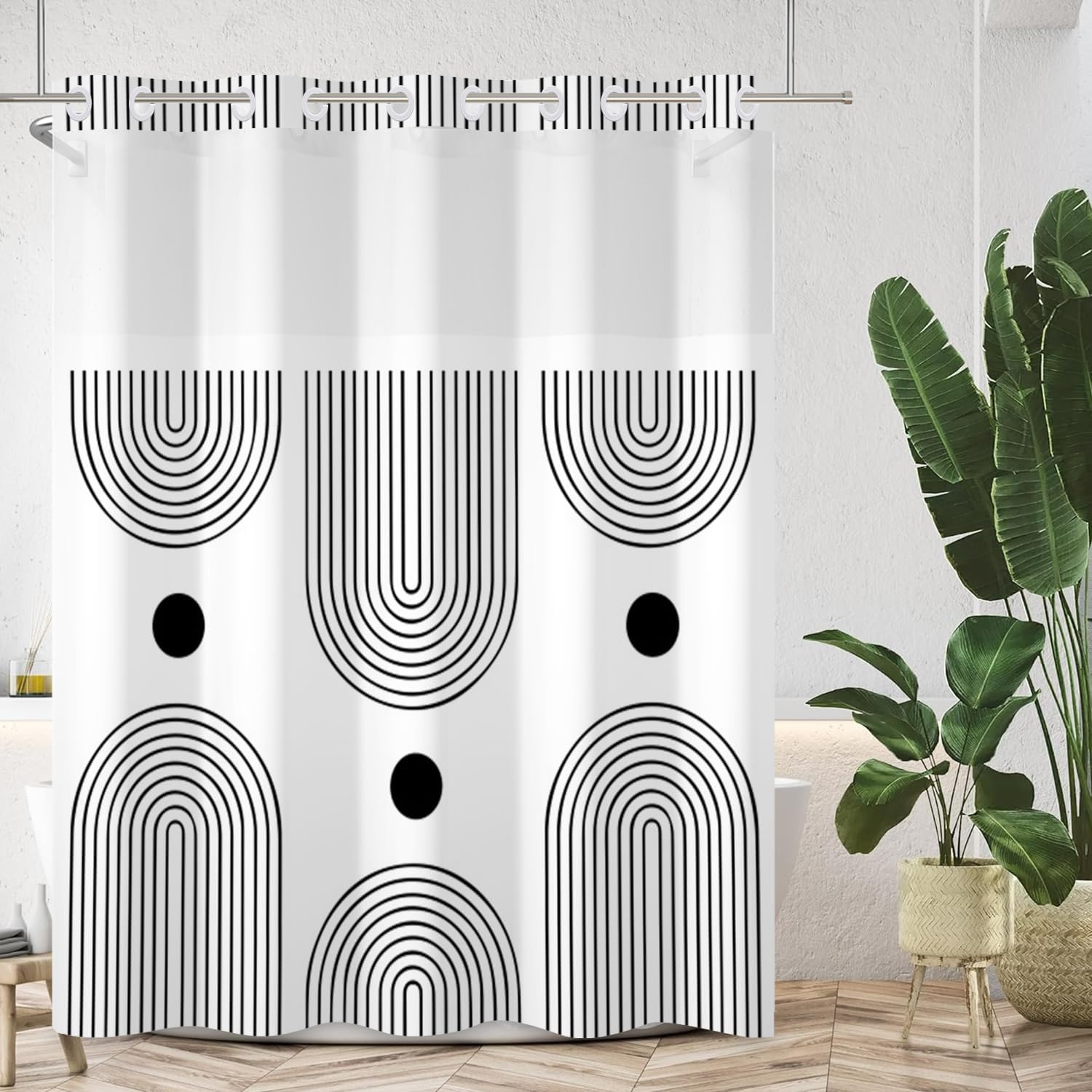 No Hook Shower Curtain with Snap in Liner Set Boho Shower Curtain Mid Century Modern Black and White Abstract Arch Fabric for Bathroom 71x74 Inch