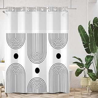 Boho Shower Curtain with Snap in Liner Set No Hook Shower Curtain Mid Century Modern Black and White Abstract Arch Fabric for Bathroom 71x74 Inch