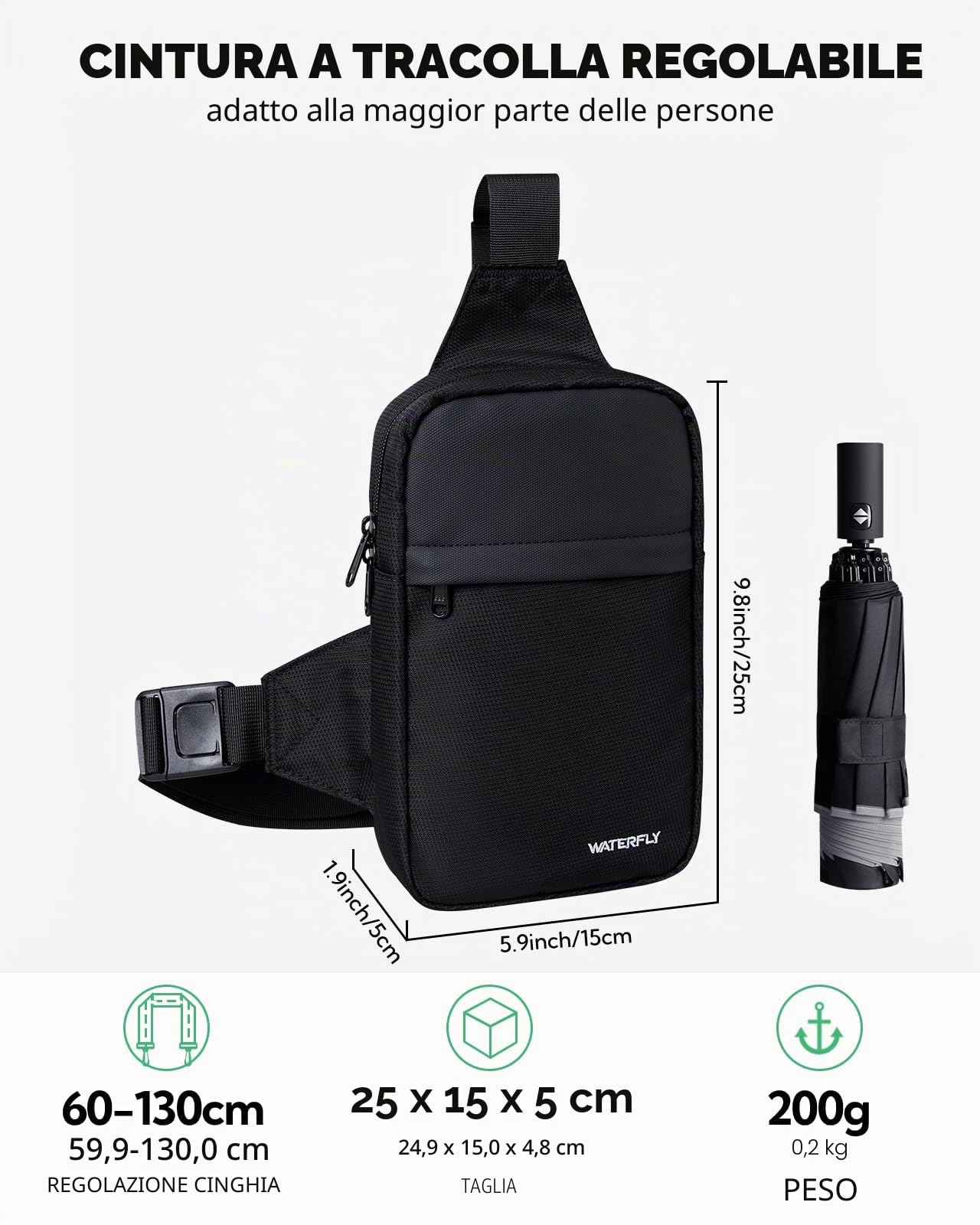 Waterfly Borsa a Tracolla Crossbody Petto Borsa a Spalla: Sling Bag per Uomini, Piccola Borsa a Mano, Crossover, Crossbag, Spalla, Cellulare, Addome, Sport, Escursionismo