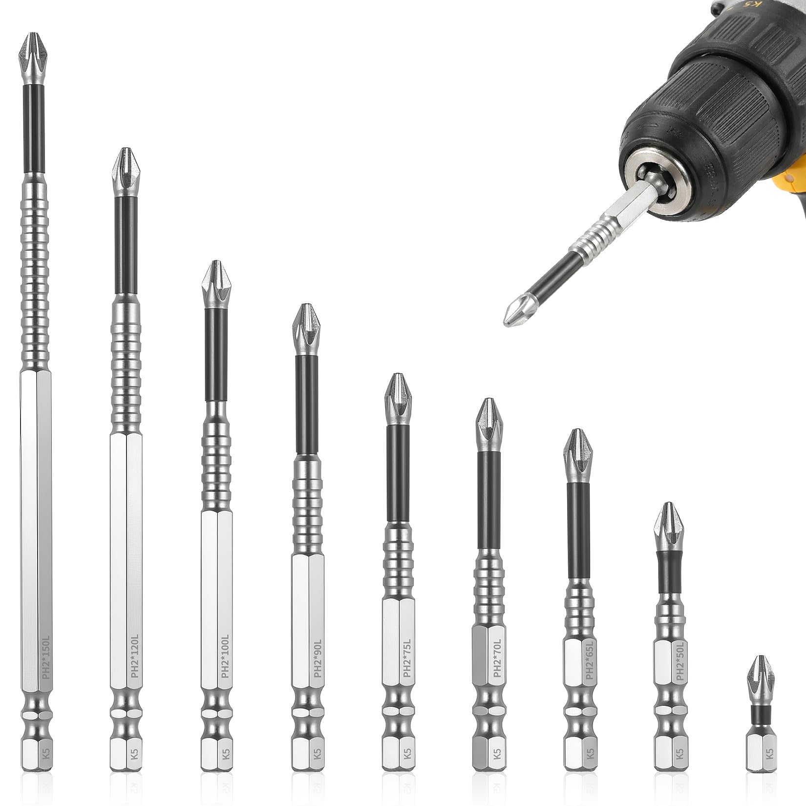 9 Pcs High-Magnetic Anti Slip Screwdriver Bits, Precision Screwdriver Bit Sets, Impact Drill Bits for Electric Drill and Driver Tools(25/50/65/70/75/90/100/120/150 mm)