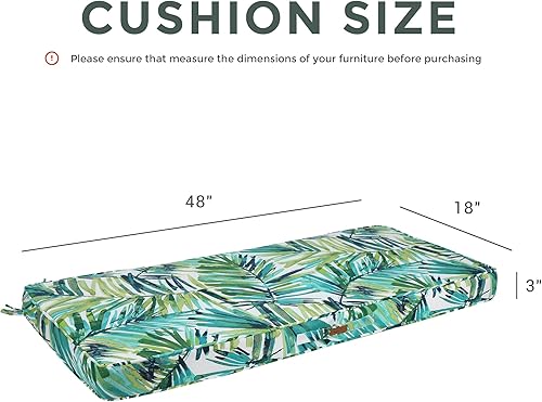 Miniatura 3 de Magpie Fabrics Cojín de banco para exteriores de 48 x 18 pulgadas, con asa y lazos para jardín, patio, porche, sofá, columpio (hojas de palma verde)