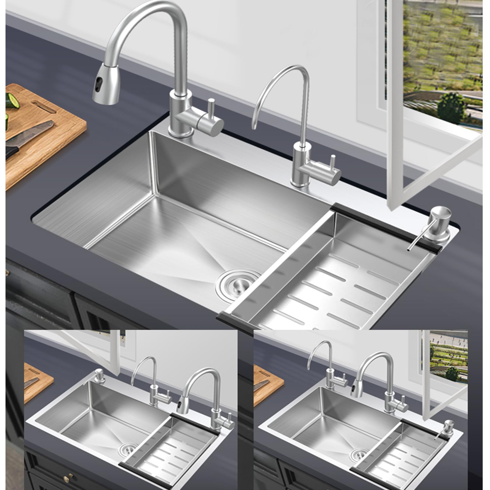 Lavello da Cucina,lavello Cucina Incasso in Acciaio Inox Quadrato a Vasca Singola Profonda,Essenziale con Rubinetto Estraibile,sottotop o appoggio per ripostigli,cucine,Bar (65x45c