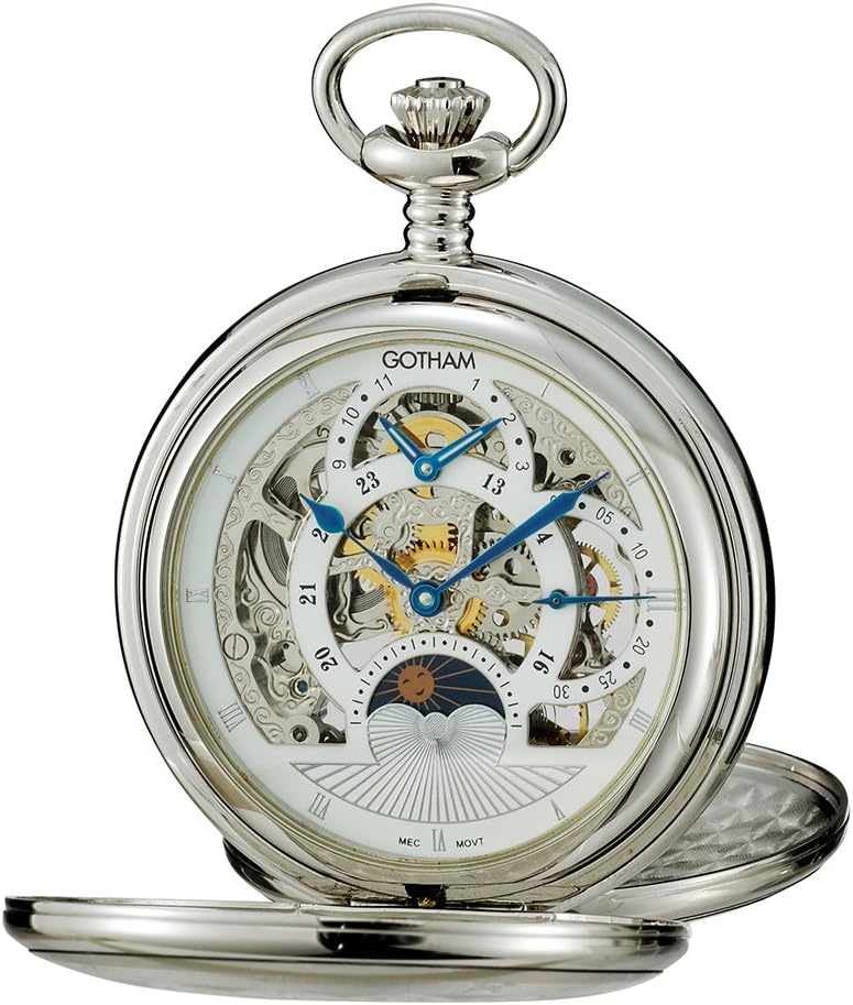 Gotham Men's Silver-Tone Mechanical Double Cover Dual Time Pocket Watch # GWC18803S