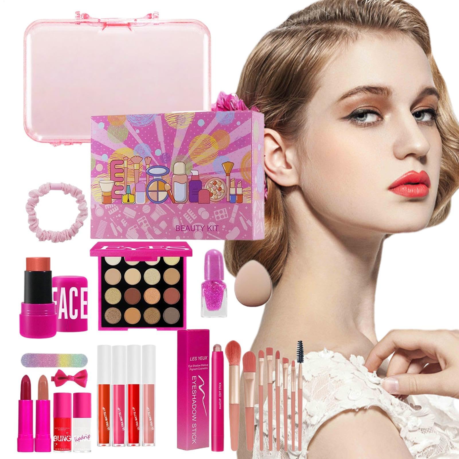 Make-up für Mädchen, 26 Stück, Lidschattenpalette, Rouge, Lippenstift-Kollektion, wasserdichtes Kosmetik-Set für Hochzeiten, Theater und Fotoshootings