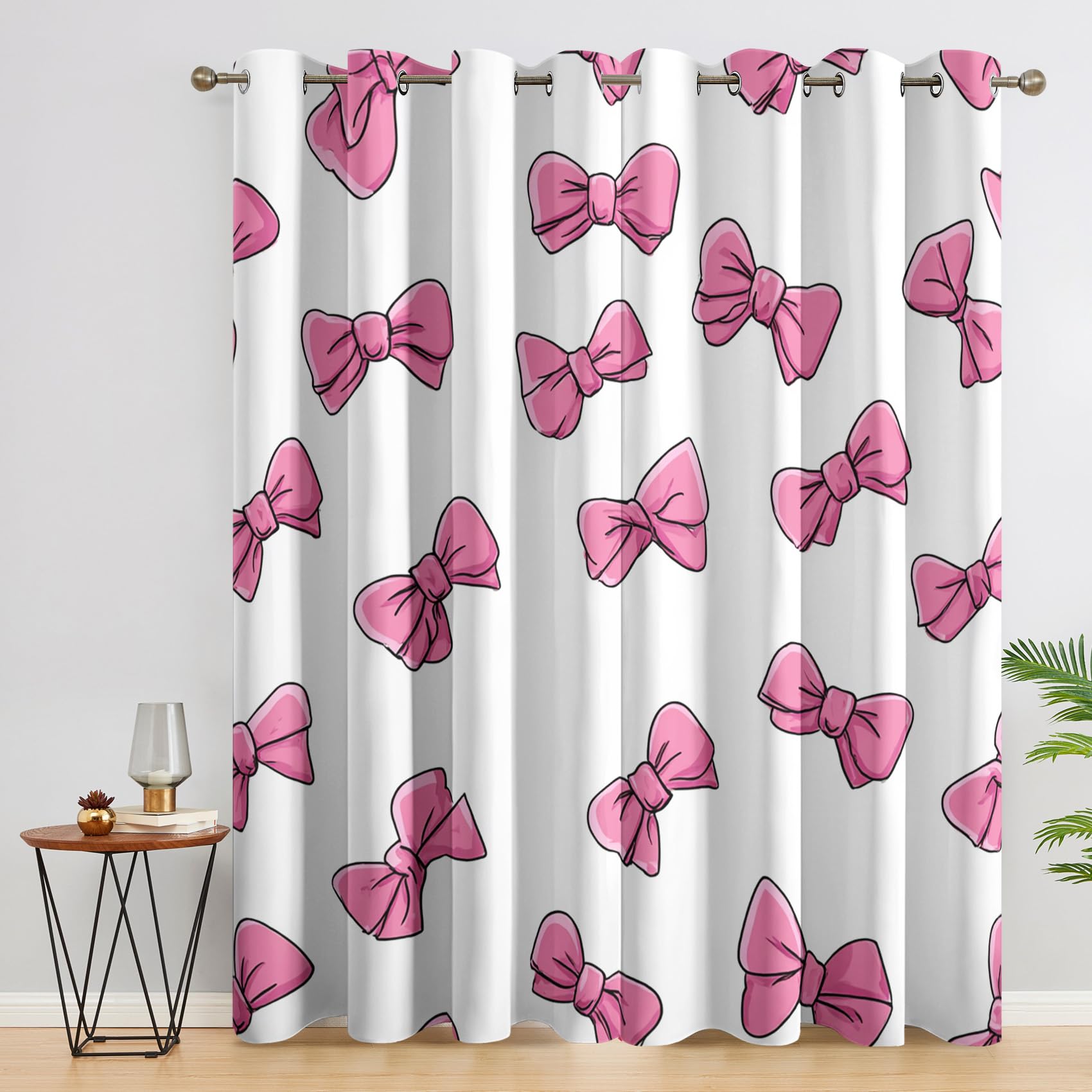 Pink Bow Curtains 90x90 Inch 2 Panels, 95% Blackout, Cartoon Girl Curtains for Bedroom, Living Room, Home Decor, Thermal Insulated Eyelet Window Drapes RCN72