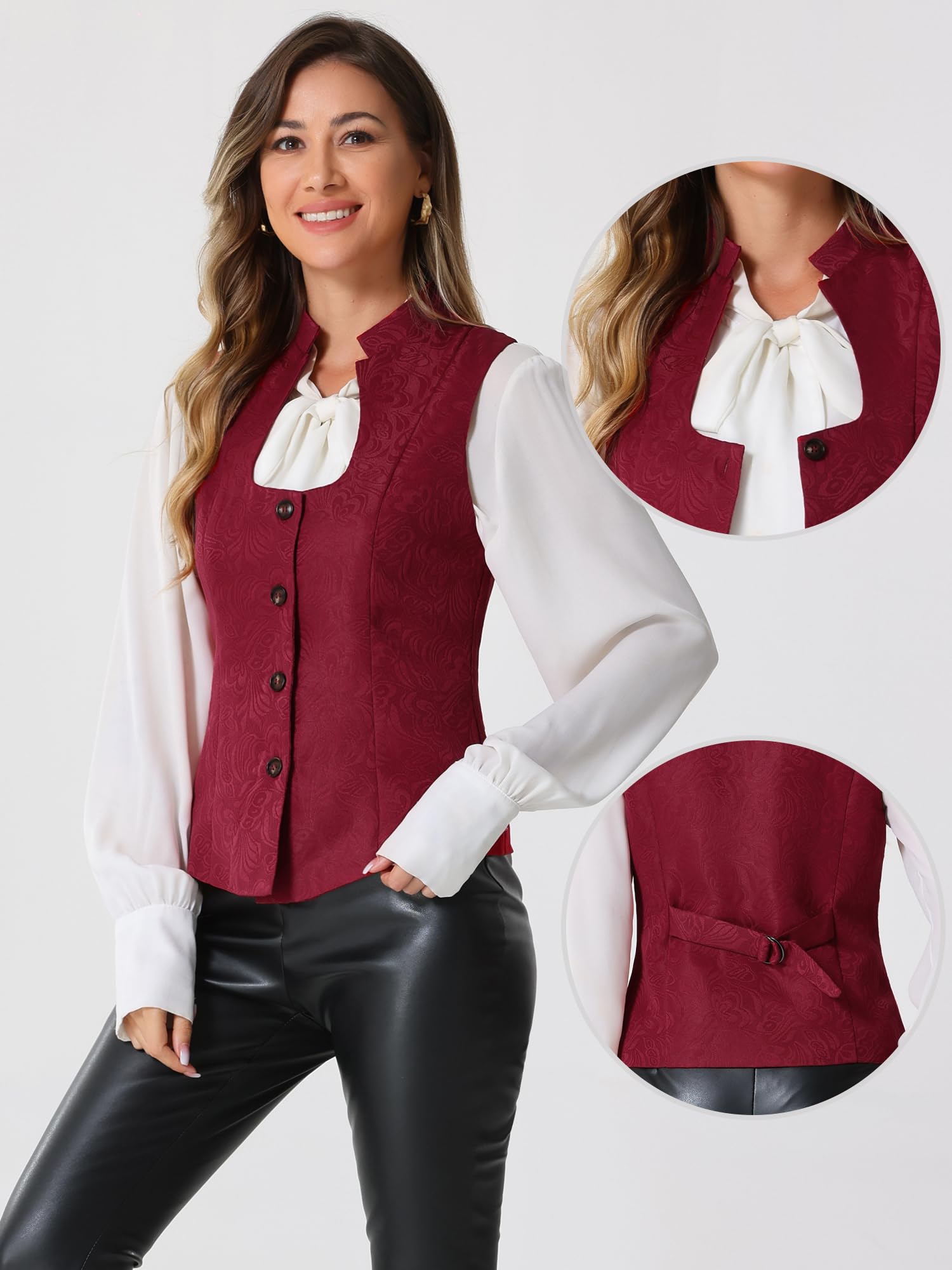 Allegra K Damen Trachtenmieder Dirndl Anzugweste Ärmellos U-Ausschnitt Einreihige Steampunk Jacquard Weste