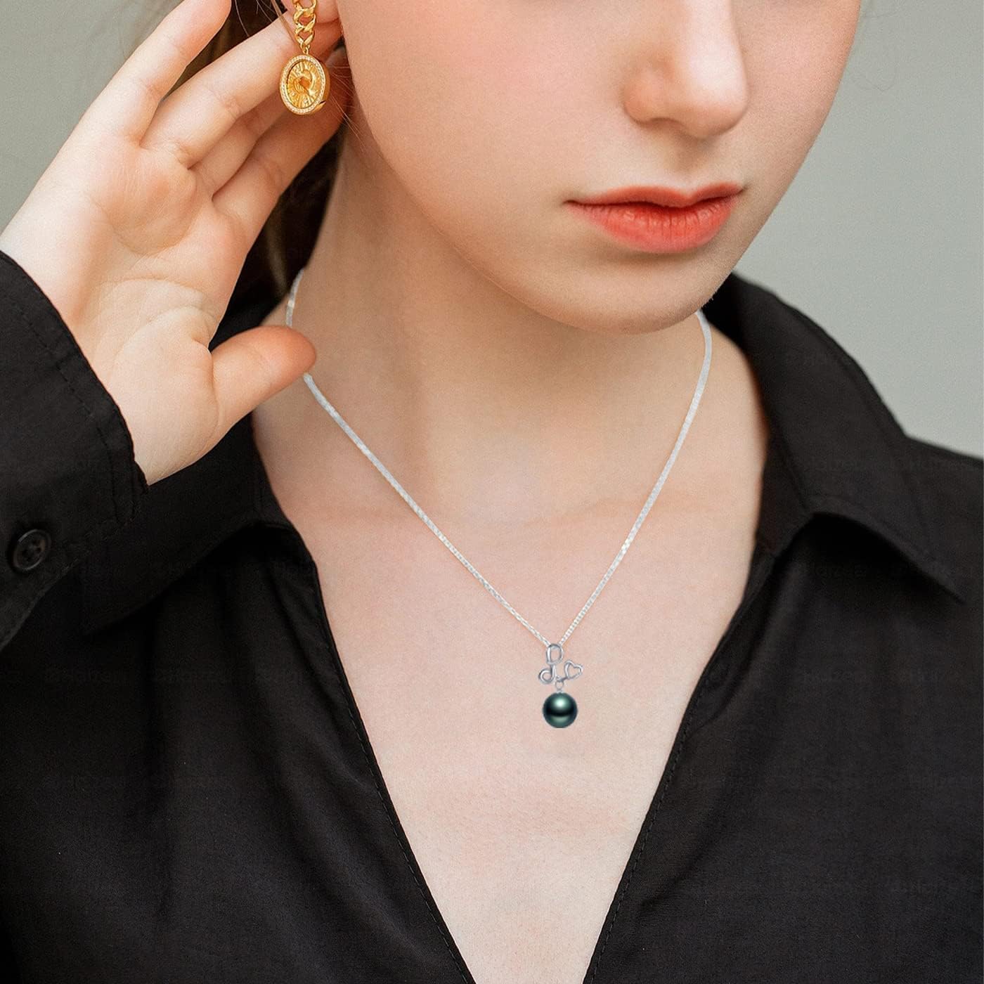 NONNYL Real Tahitian Black Pearl Pendant Necklaces for Women & 9-10mm Round 18K Gold Plated 925 Sterling Silver - Fine Jewelry Gifts for Women Wife Mom Daughter