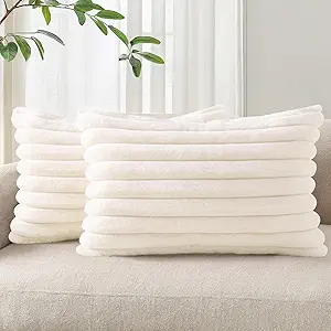 Pallene Faux Fur Plush Lumbar Throw Pillow Covers 12x20 Set of 2, Luxury Soft Fluffy Striped Decorative Pillow Covers for Sofa, Couch, Living Room, Cream White