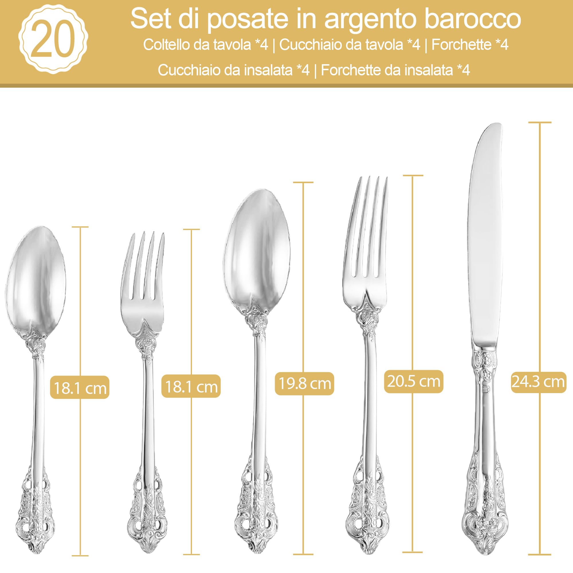 Sfarzoso Set Posate Barocco Argento 20 Pezzi, Posate in Acciaio Inox 18/10 Anti-Ruggine, Set Completo con Forchette, Cucchiai e Coltelli in Elegante Scatola Regalo