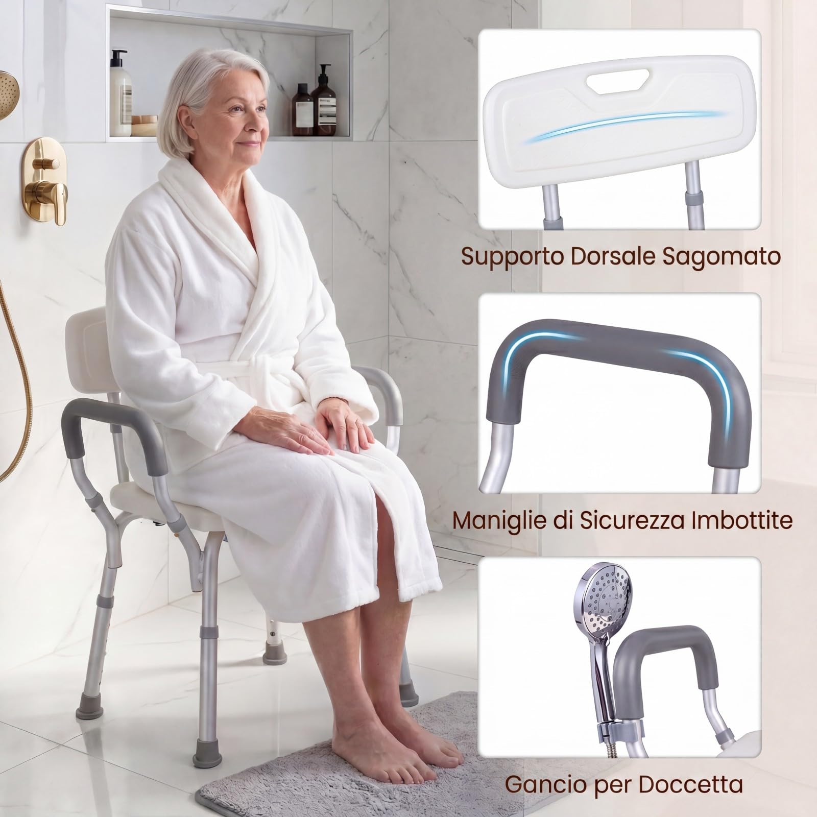 RELAX4LIFE Silla Ducha con Reposabrazos, Taburete Baño Ortopédico con 6 Alturas Ajustables, Soporte para Cabezal de Ducha, Marco de Alumnio, Asiento Antideslizante para Baño, Carga 136 kg