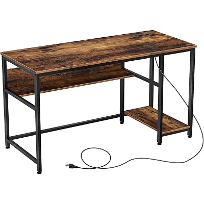 Rolanstar Computer Desk 55” with Power Outlet & Storage Shelves, Home Office PC Desk with USB Ports Charging Station, Writing Study Desktop Table with Stable Metal Frame, Rustic Brown