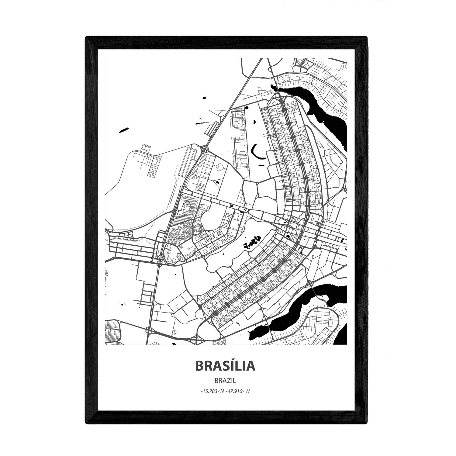 Nacnic Poster with map of Brasilia - Brazil. Blades of cities of Latin America with seas and rivers in black color. A4 size with frame
