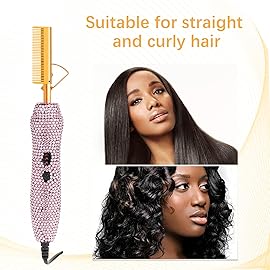 Diamond Electric Adjustable Temperature Hair Straightener Brush Set for Wigs and Natural Black Hair (Gold)