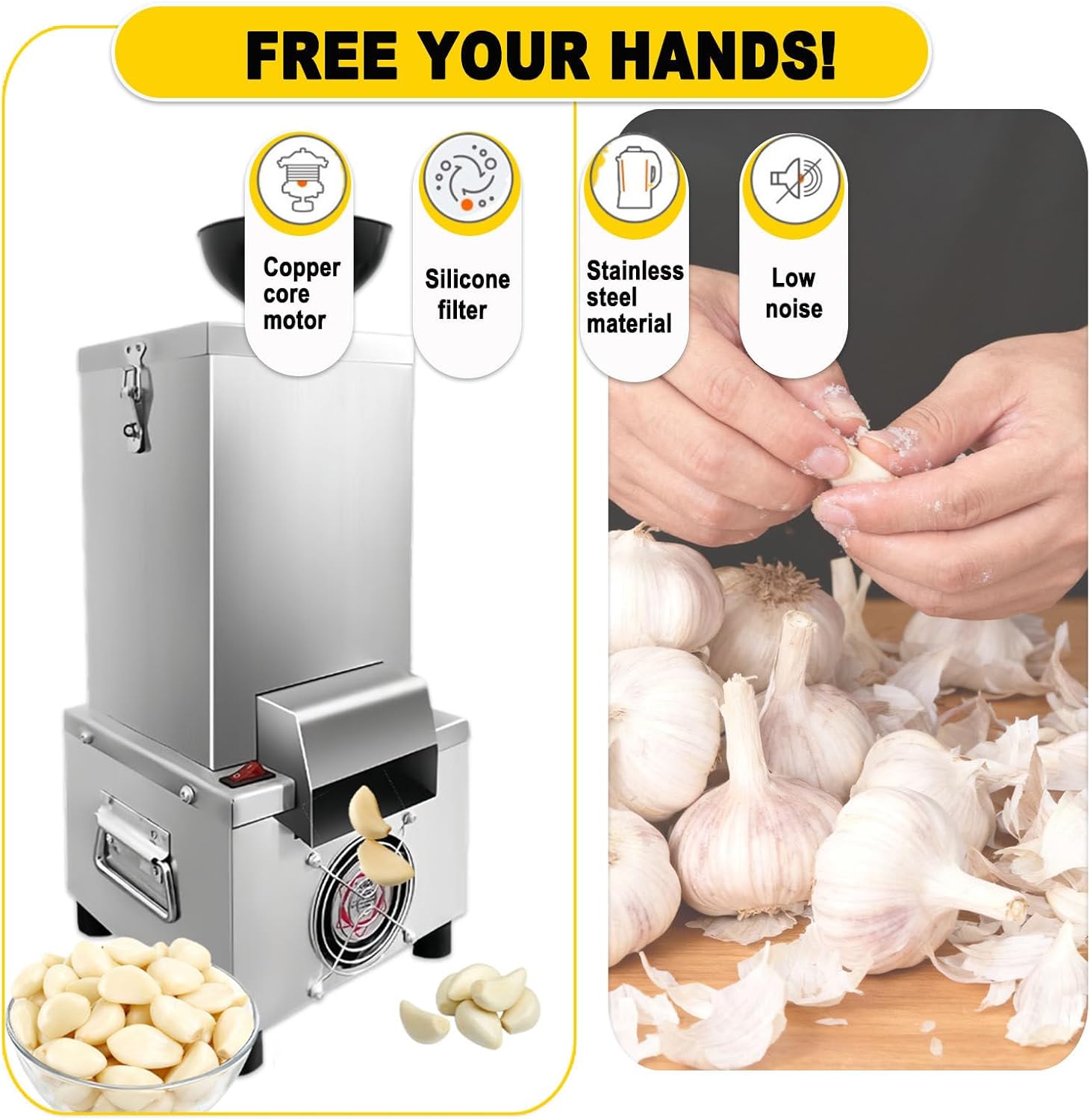 Commercial Automatic Garlic Peeler Machine Electric, 200w High-Power Motor Peels 55 Lbs Of Dry Garlic Hourly, Durable Stainless Steel Construction With Silicone Roller For Gentle
