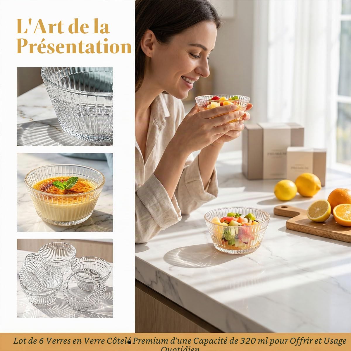 Lot de 6 Bols à Dessert en Verre Cannelé – 320 ml – Empilables Gain de Place – Pour Salade de Fruits, Yaourt, Glace, Apéro – Va au Lave-Vaisselle pour Maison, Mariage, Mère