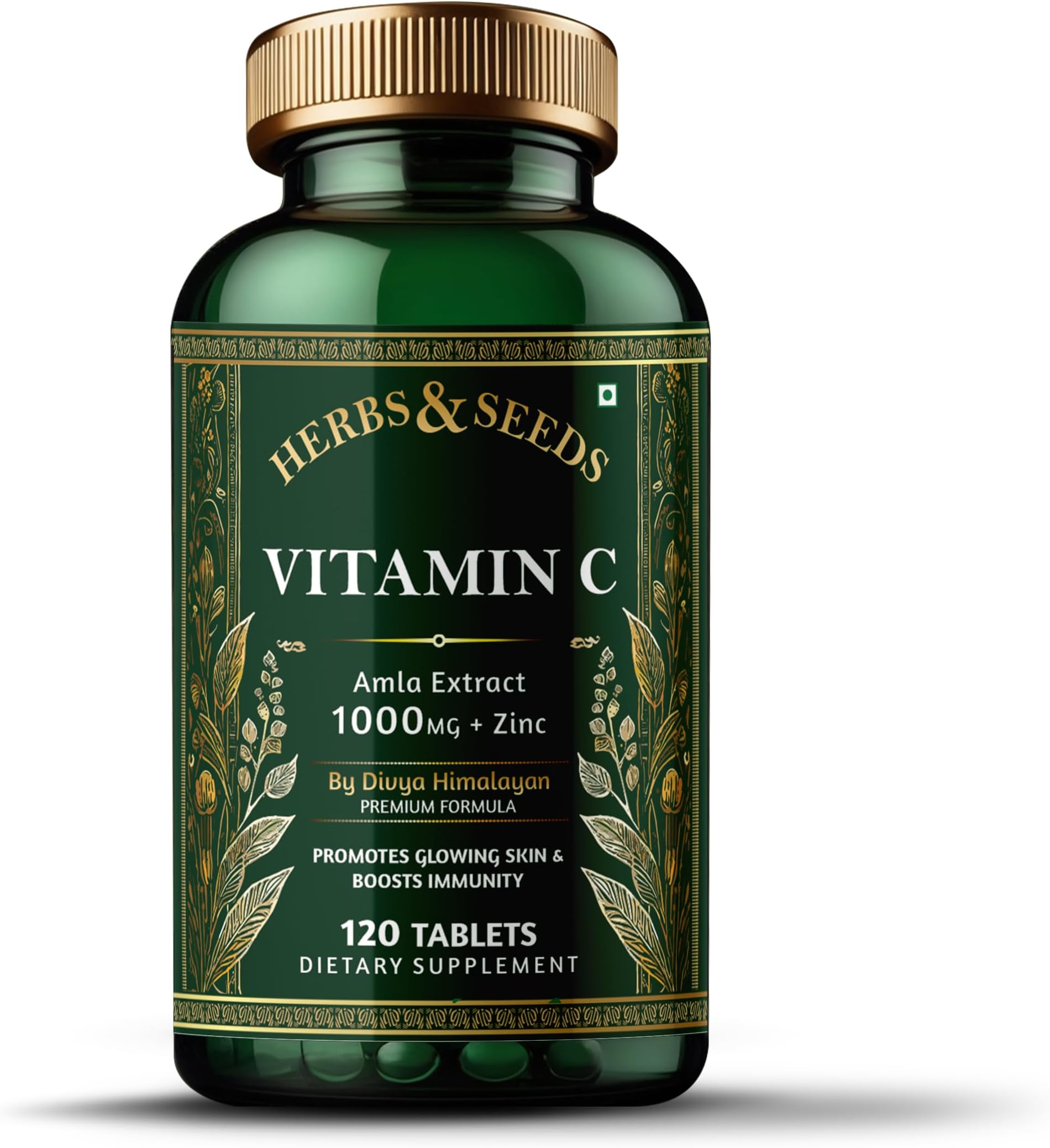 Vitamin C Supplement with Zinc – 1000mg Plant-Based Tablets for Immunity & Skin Glow – Amla, Spirulina, Wheatgrass – 120 Count