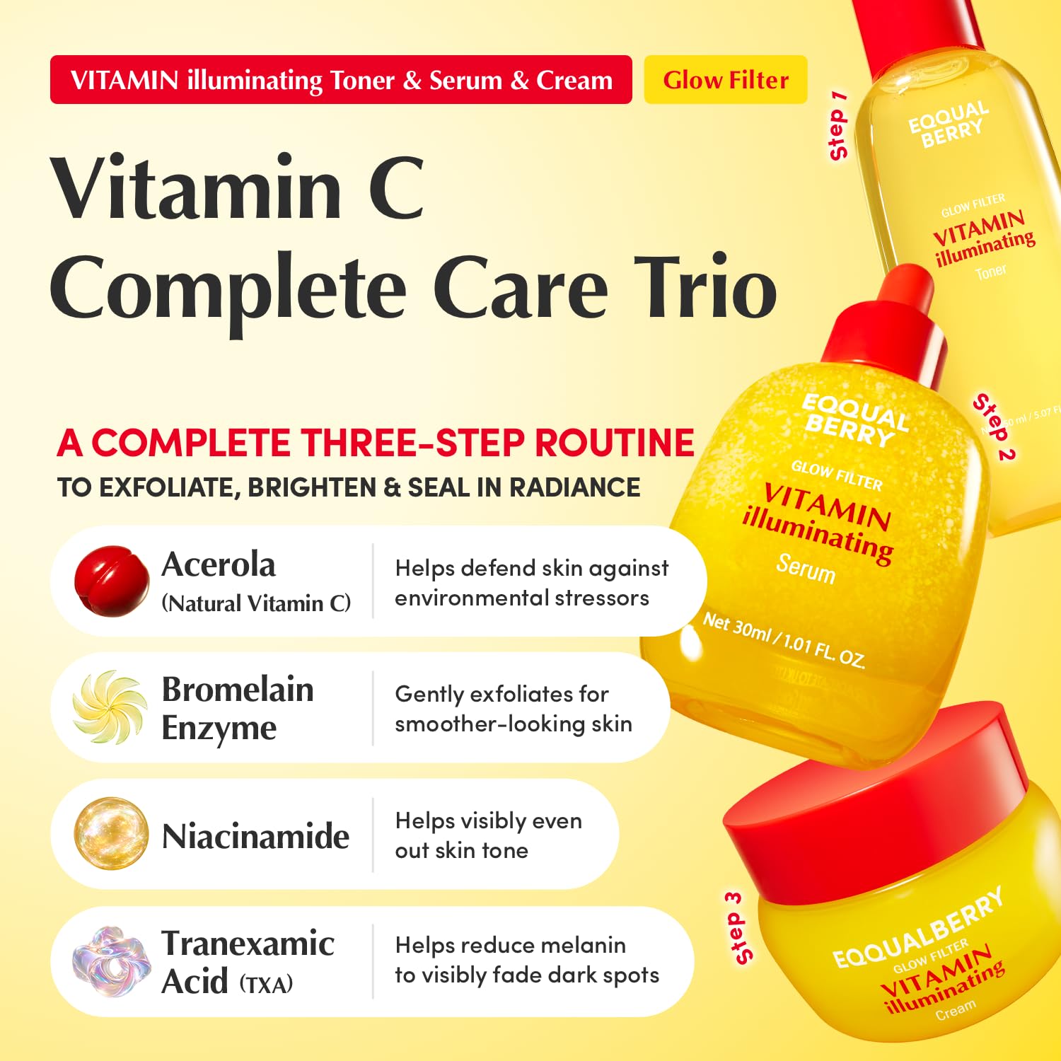 EQQUALBERRY Vitamin C Dark Spots & Brightening Trio | Vitamin Illuminating Toner, Serum & Cream for Complete Glow with Niacinamide, TXA & Ceramides | Korean Skincare Set