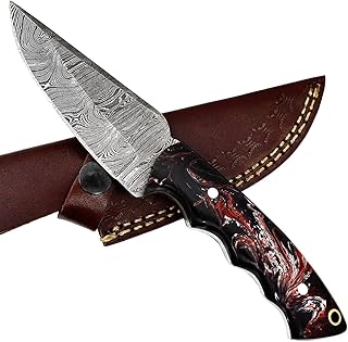 Handmade Beautiful Damascus Steel Full Tang Knife, 8” Fix Blade knife with Leather Sheath, Hunting and Camping Knife, Beautiful Handle made of Rasin Sheet - Generic