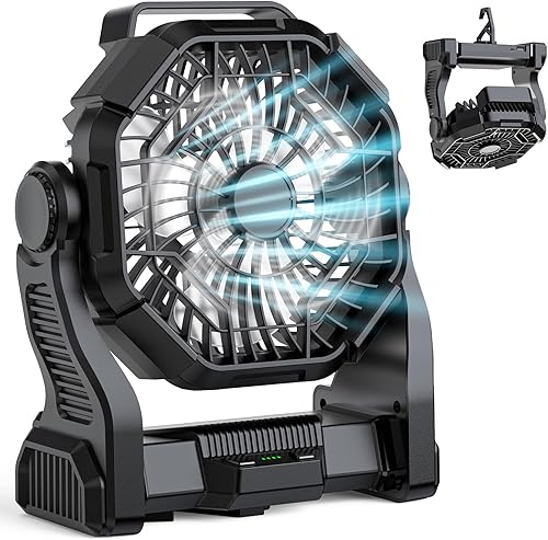 Ventilador de campamento recargable, ventilador portátil real de 10000 mAh con luz LED y gancho, ventiladores a pilas de 10 pulgadas, ventiladores