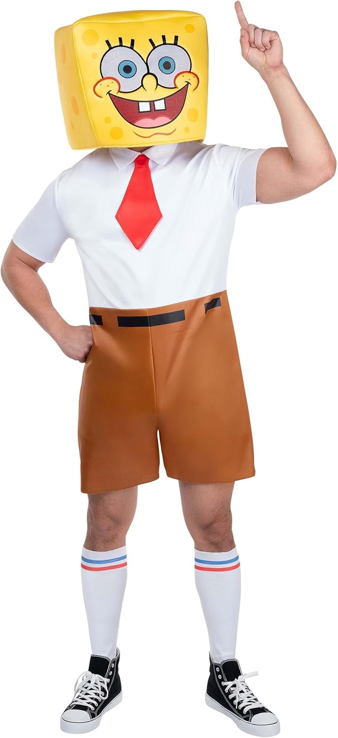 Mens Classic Spongebob Costume | Adult Jumpsuit with Foam Headpiece and Socks for Halloween, Parties - Image 2