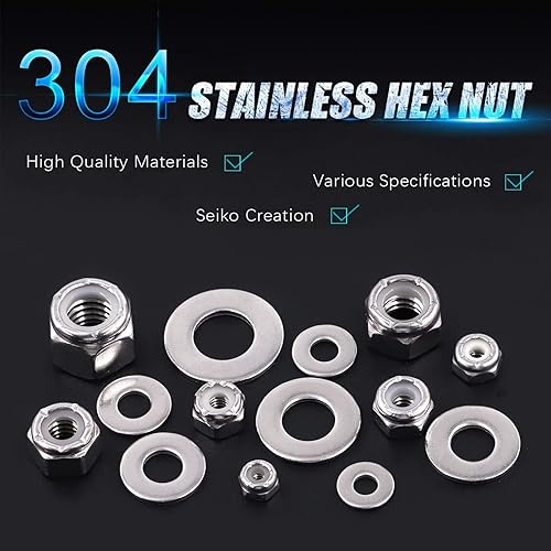 Vista 62 de Swpeet Juego surtido de 132 tuercas de seguridad y tuercas hexagonales SAE 304 de acero inoxidable 2 tipos, tuercas hexagonales de rosca gruesa