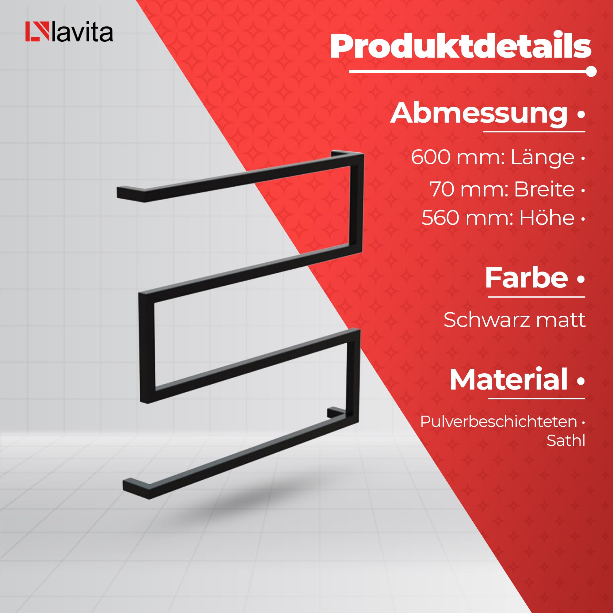 LAVITA TRYNIDAD 600 Toallero | Negro Mate | Diseño sencillo | Acero al carbono con recubrimiento en polvo | Ahorra espacio | Ideal para la decoración de baño pequeño | Muebles de baño | 600 x 70 x 560