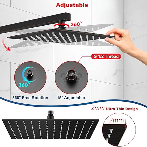 Miniatura 5 de Midanya Rain Shower Head, Stainless Steel Large Rainfall Shower Head High Pressure, Bathroom Waterfall Square Showerhead, Ceiling or Wall Mount, Oil