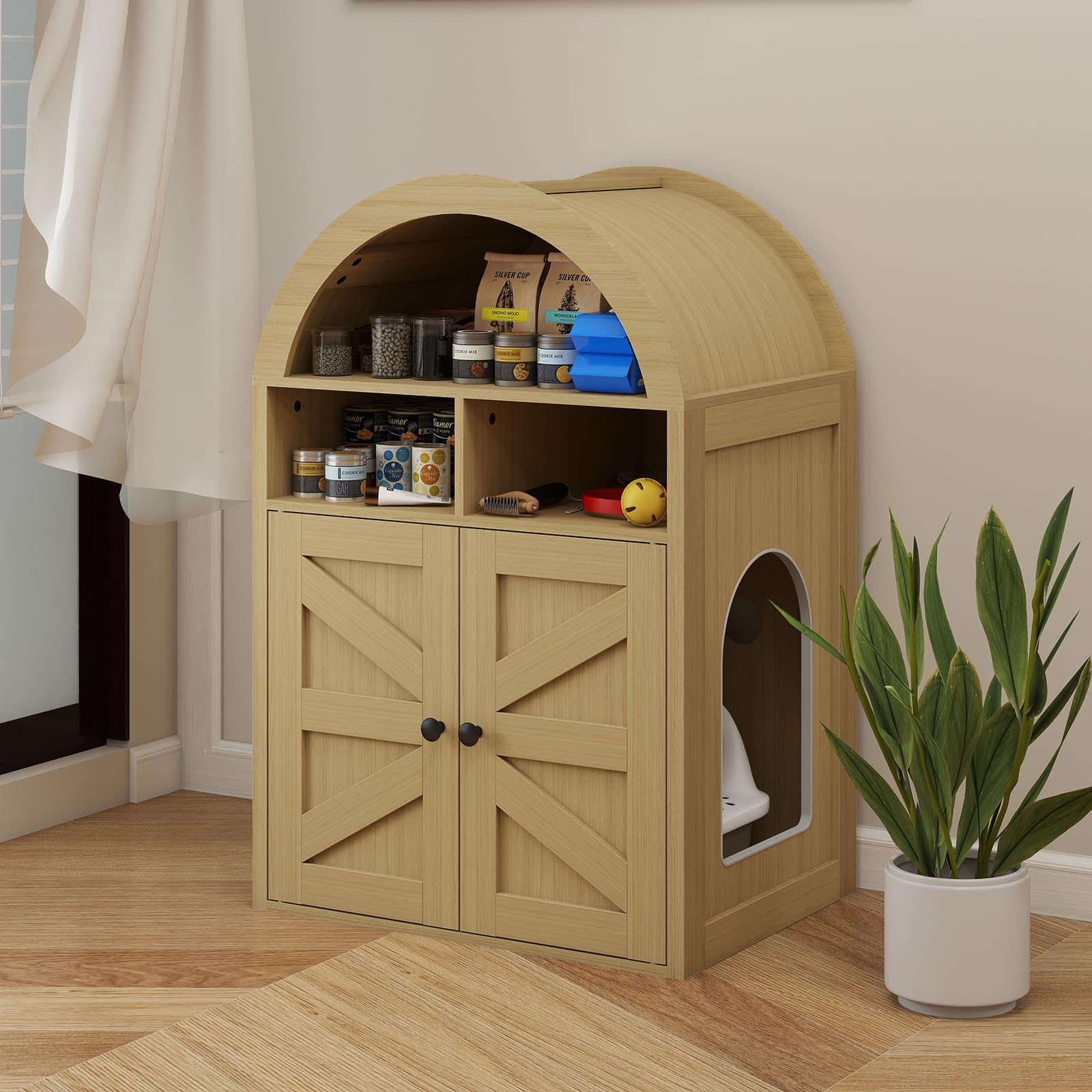 Arched Litter Box Enclosure, Cat Litter Box Furniture Hidden, Cat Washroom Bench Storage Cabinet with Double Doors and Open Shelf for Bedroom, Living Room - image 6