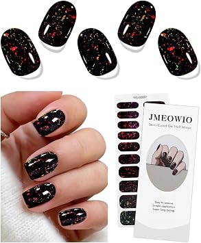 JMEOWIO Semi Cured Gel Strips Nail Art Sticker Wrap Black Red