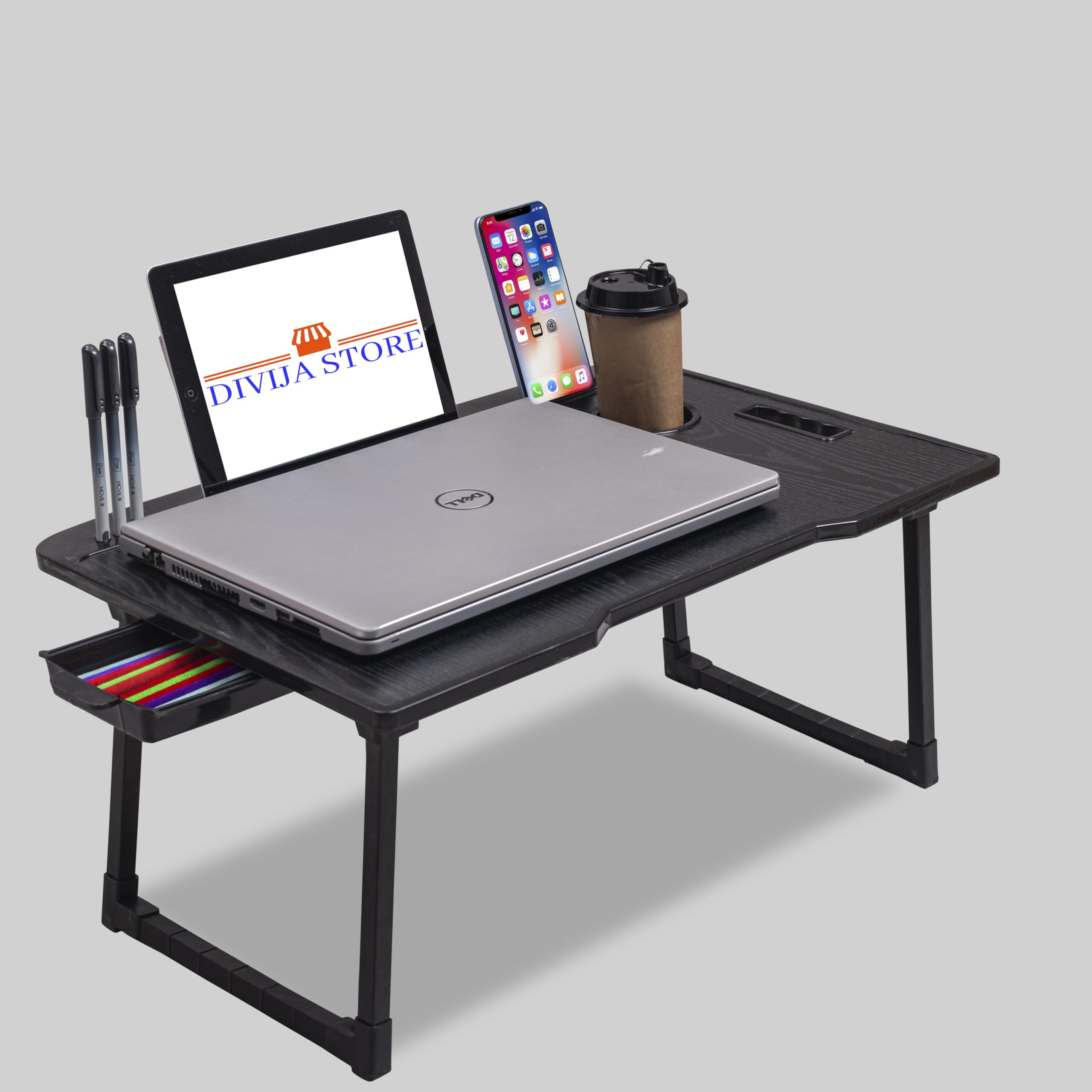 DIVIJA STORE Study Table Bed Table Premium Laptop Table/And Portable Plastic/Writing Desk For Office/Home/School (Black COTTED), 59 cm