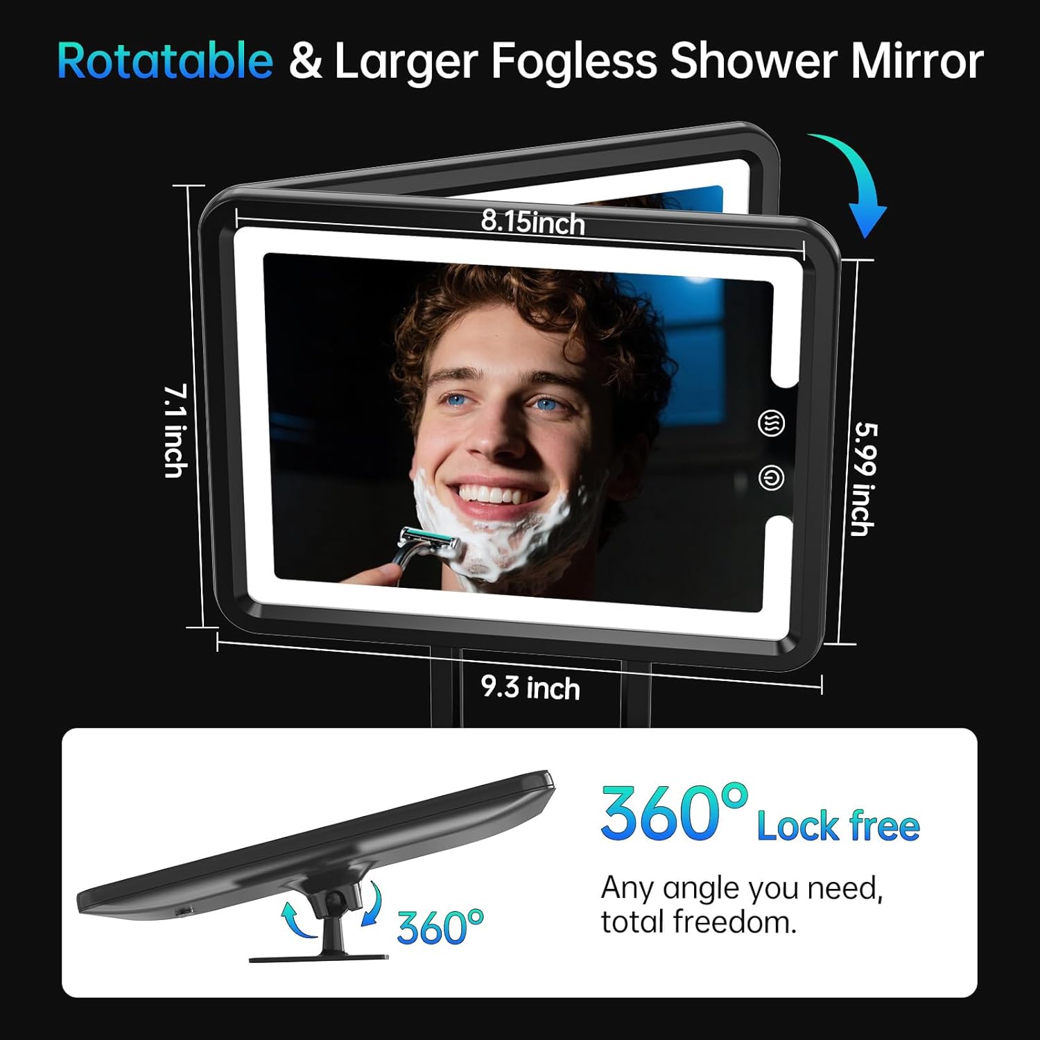 COSMIRROR Shower Mirror Fogless for Shaving with Light. Heated Anti Fog Bathroom Mirror Razor Holder Recharegable 5000mAh Battery 3 Colors Dimmable Adhesive Wall Mount Shower Accessories Gift for Men