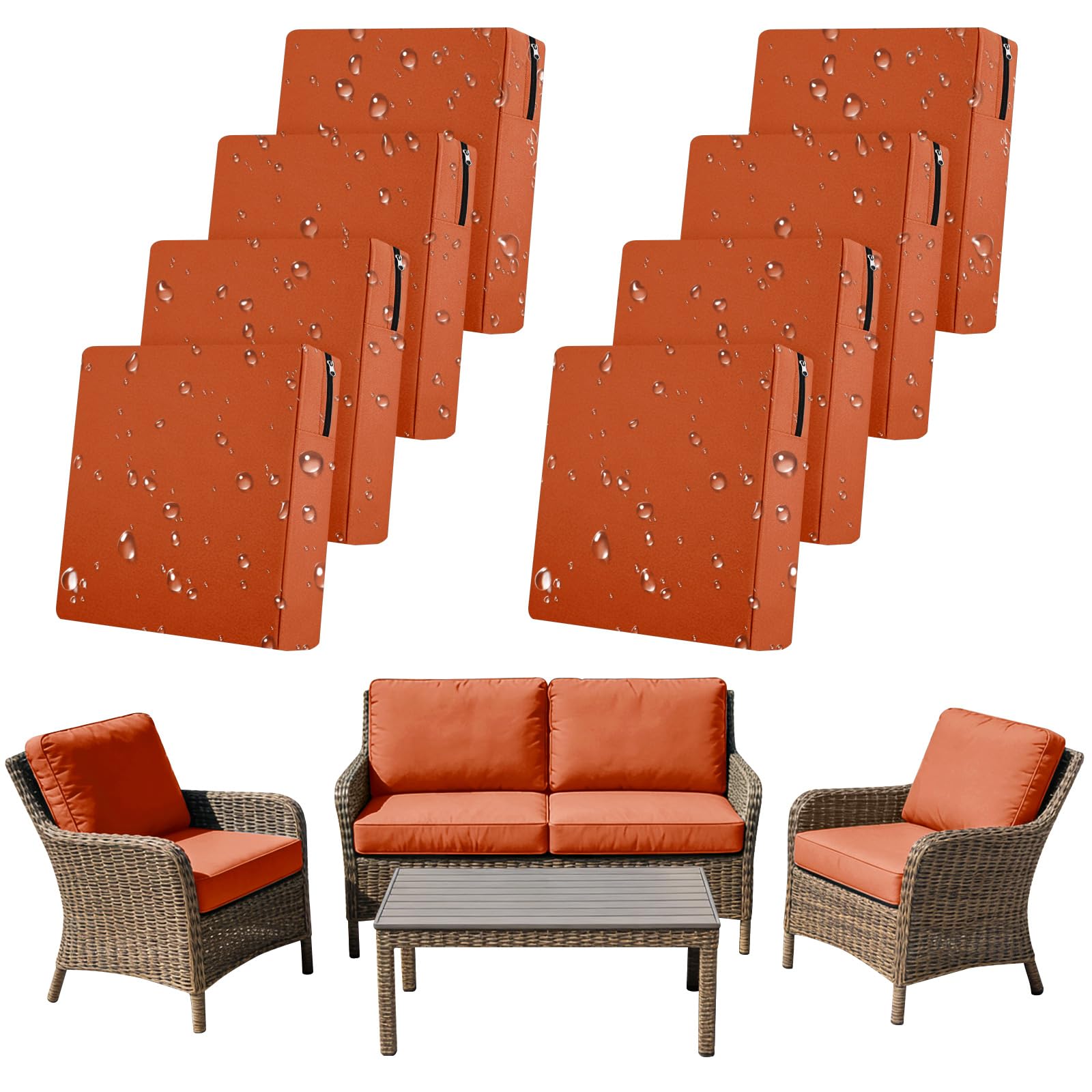 SYLC 8Pcs Outdoor Cushion Covers Waterproof Patio Cushion Covers Replacement with Zipper, Garden Rattan Sofa Seat Slipcovers Furniture Protector (Orange,4pcs 60×60cm＋2pcs 55×45cm＋2pcs 55×50cm)