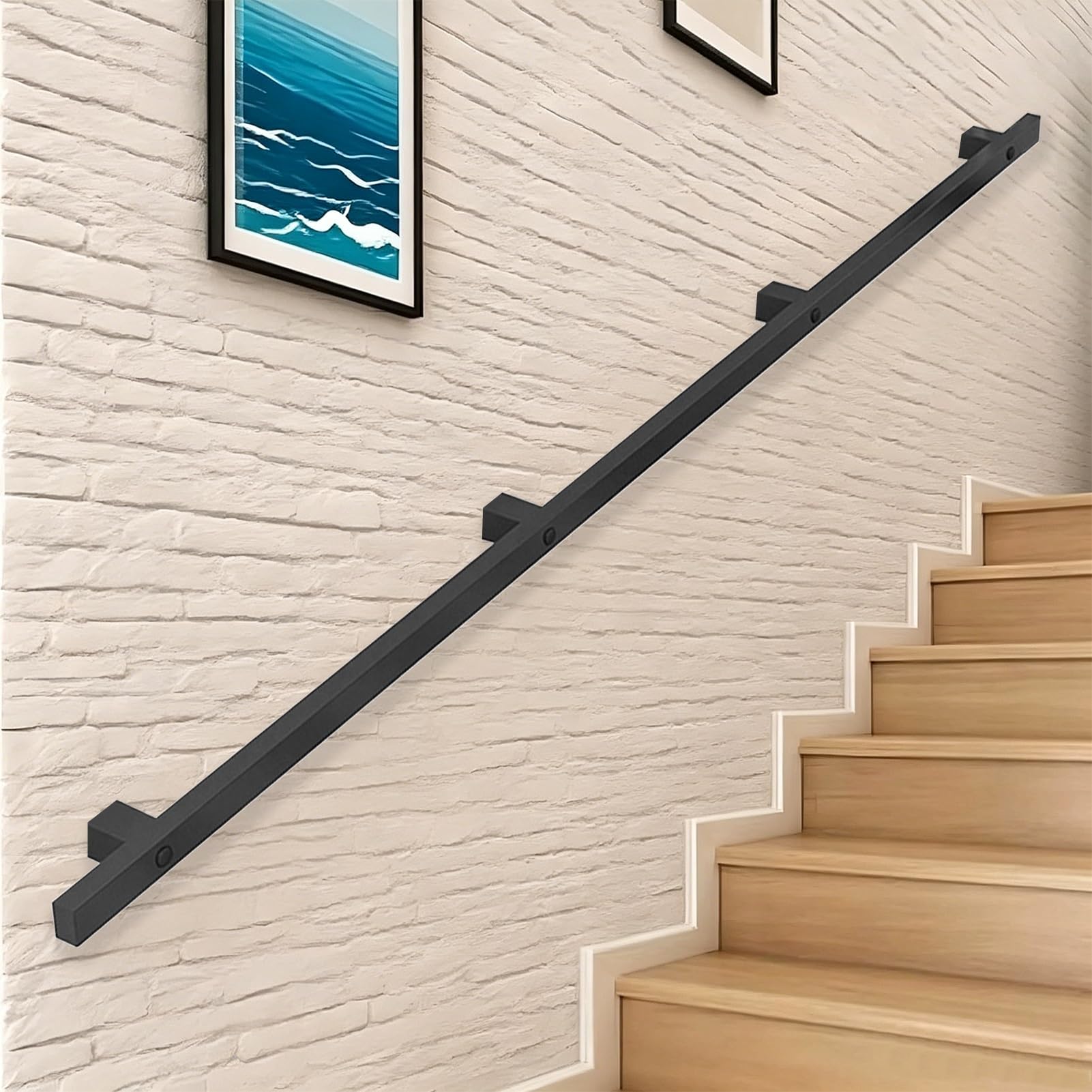 Drsyffsup One Color Modern Staircase Banister Hand Rails For Indoor Outdoor Grab Rail, Black Metal Wrought Iron Stair Handrail For Walls, 1M/1.5M/2.8M/3M/3.5M/4M/4.5M Stairway Railing Complete Kit