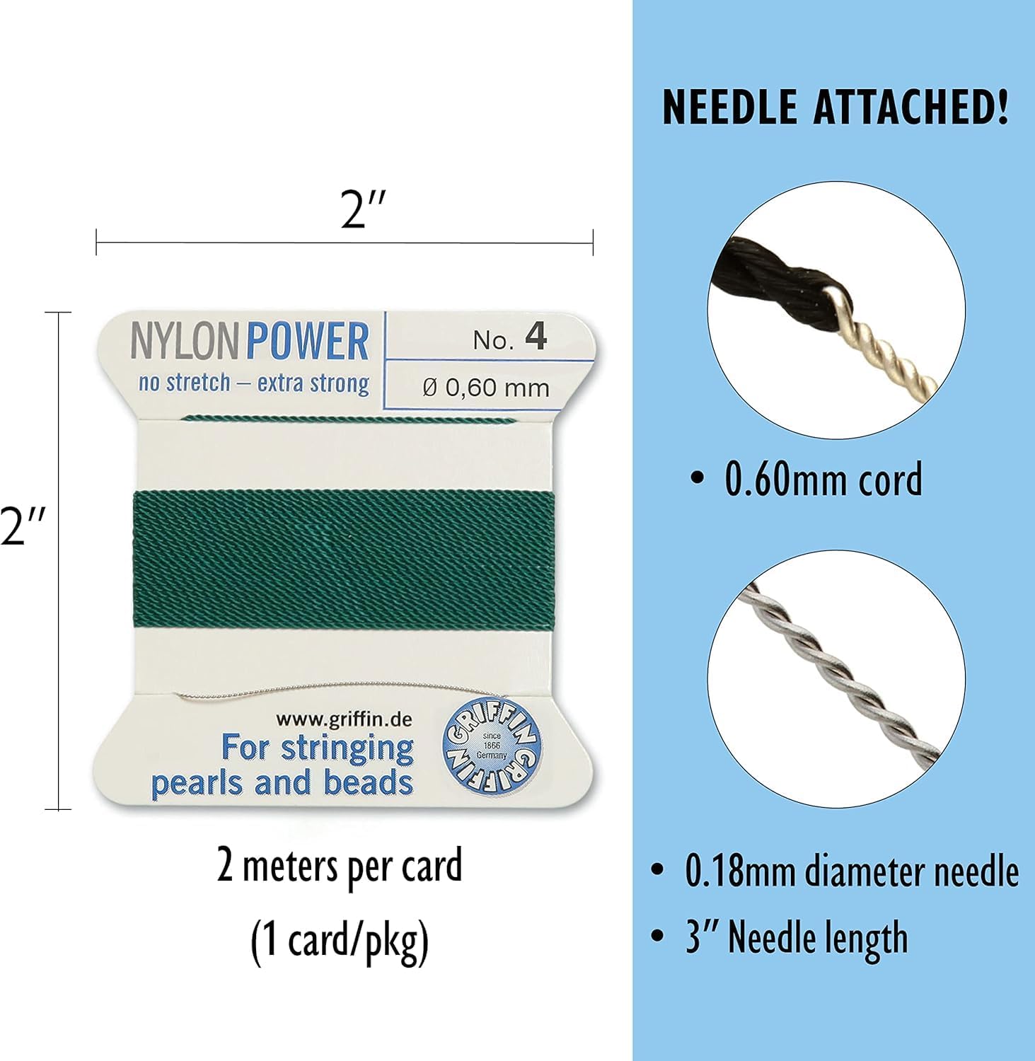 Griffin Bead Cord Nylon Medium Green #4 - Griffin NylonPower with Stainless Steel Needle Attached – for Knotting Pearls, Gemstones, Crystals and Beads
