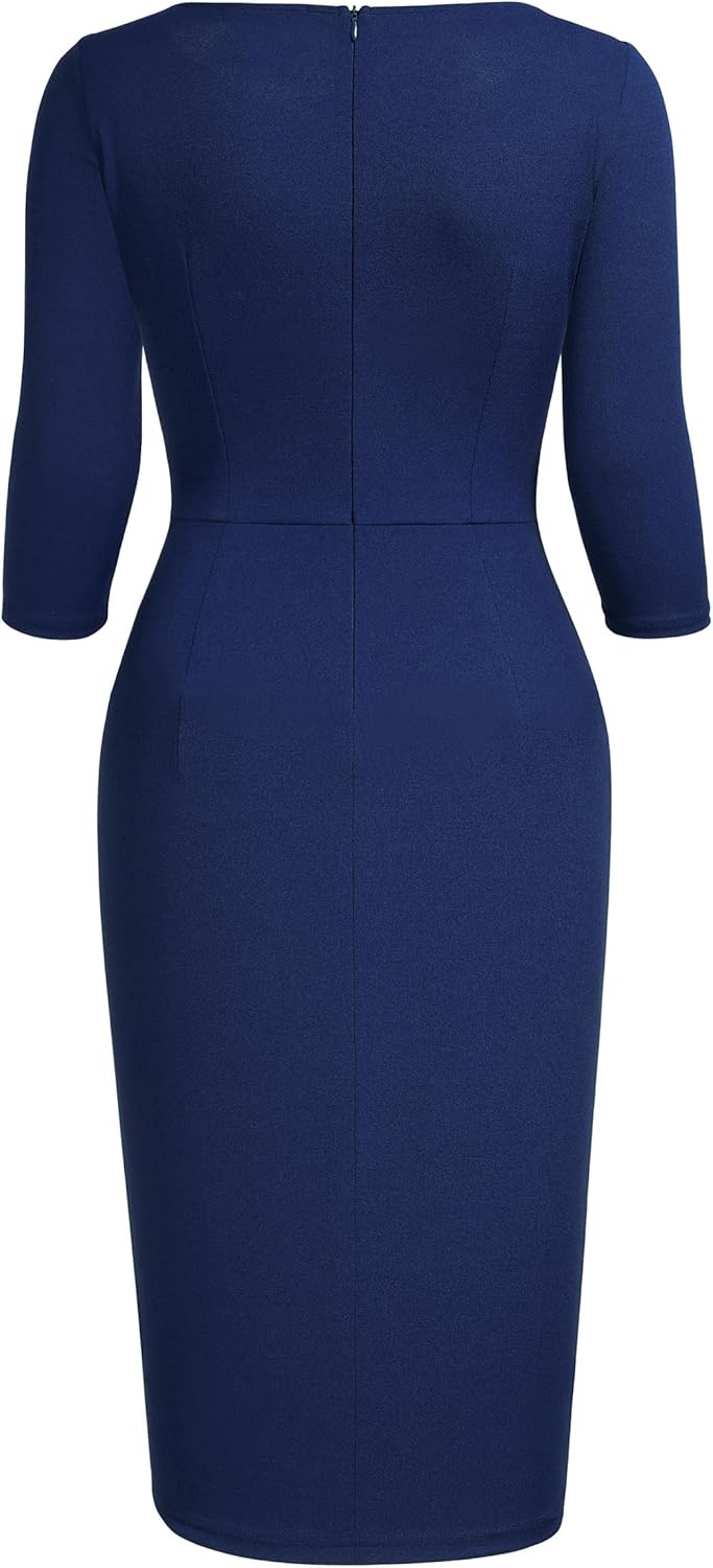 AISIZE Women's Retro 3/4 Sleeve Ruched Elegant Business Pencil Sheath Dress - Image 5