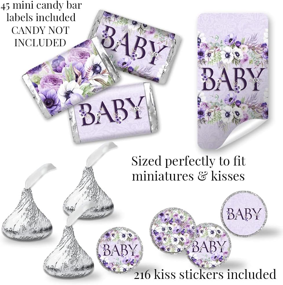 Amanda Creation Watercolor Violet Floral Baby Shower Party Bundle Includes 20 each of Invitations with Envelopes + 4 Different Sizes of Decorative Stickers, Diaper Tickets & Bring a Book Cards