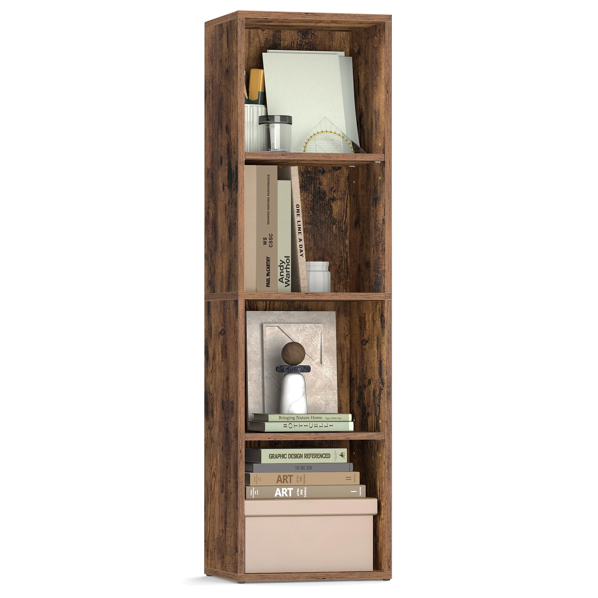 VASAGLE CUSTOS Collezione - Libreria, Scaffale Libreria a 4 Ripiani, Scaffale Portaoggetti con Ripiani Regolabili, Scomparti Aperti, 24 x 30 x 106 cm, per Soggiorno Studio, Marrone Vintage LBC434K01
