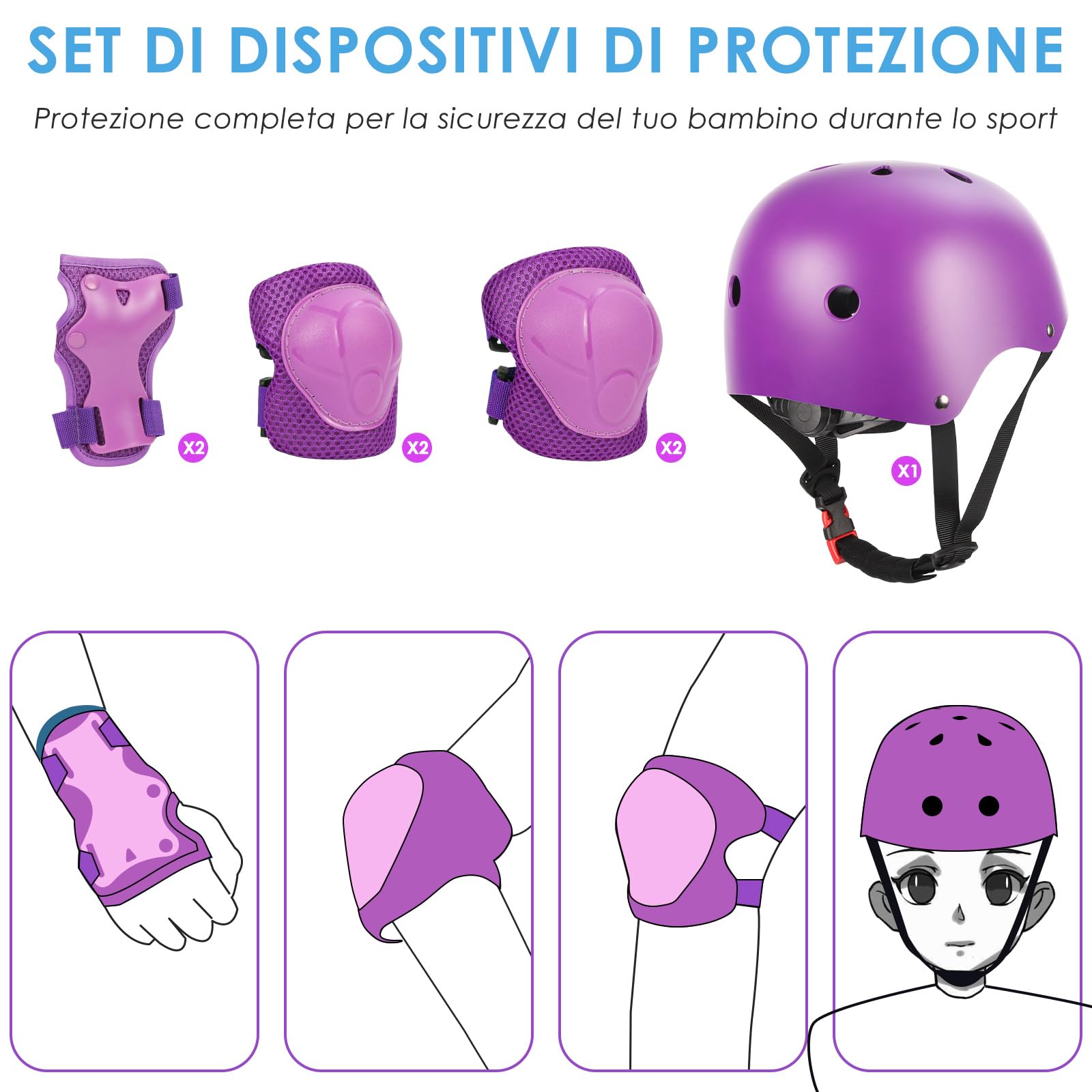 ZWOOS Protezioni Skateboard Bambino,Protezioni Bici Bambino con Casco Regolabile Ginocchiere Gomitiere, Protezioni Skateboard Bambini per Skateboard,Bicicletta,Pattinaggio, Monopattino (viola)