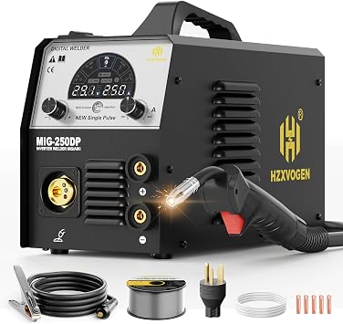 H HZXVOGEN Aluminum MIG Welder, 250A Welder Machine 110V 220V Gas, Flux core MIG, Pulse, Lift TIG, Stick, 5 in 1 Multi Process Welder Machine with LED Display