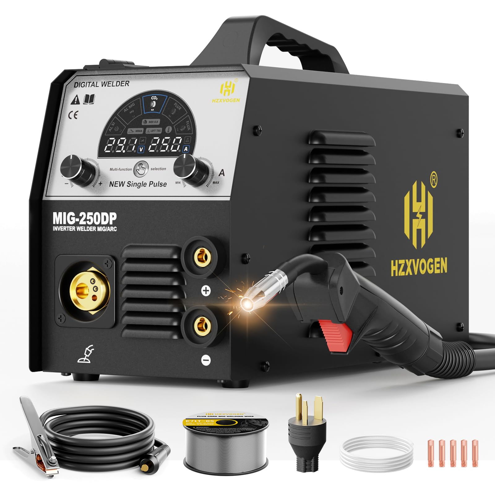 H HZXVOGEN Aluminum MIG Welder, 250A Welder Machine 110V 220V Gas, Flux core MIG, Pulse, Lift TIG, Stick, 5 IN 1 Multi process Welder Machine With LED Display