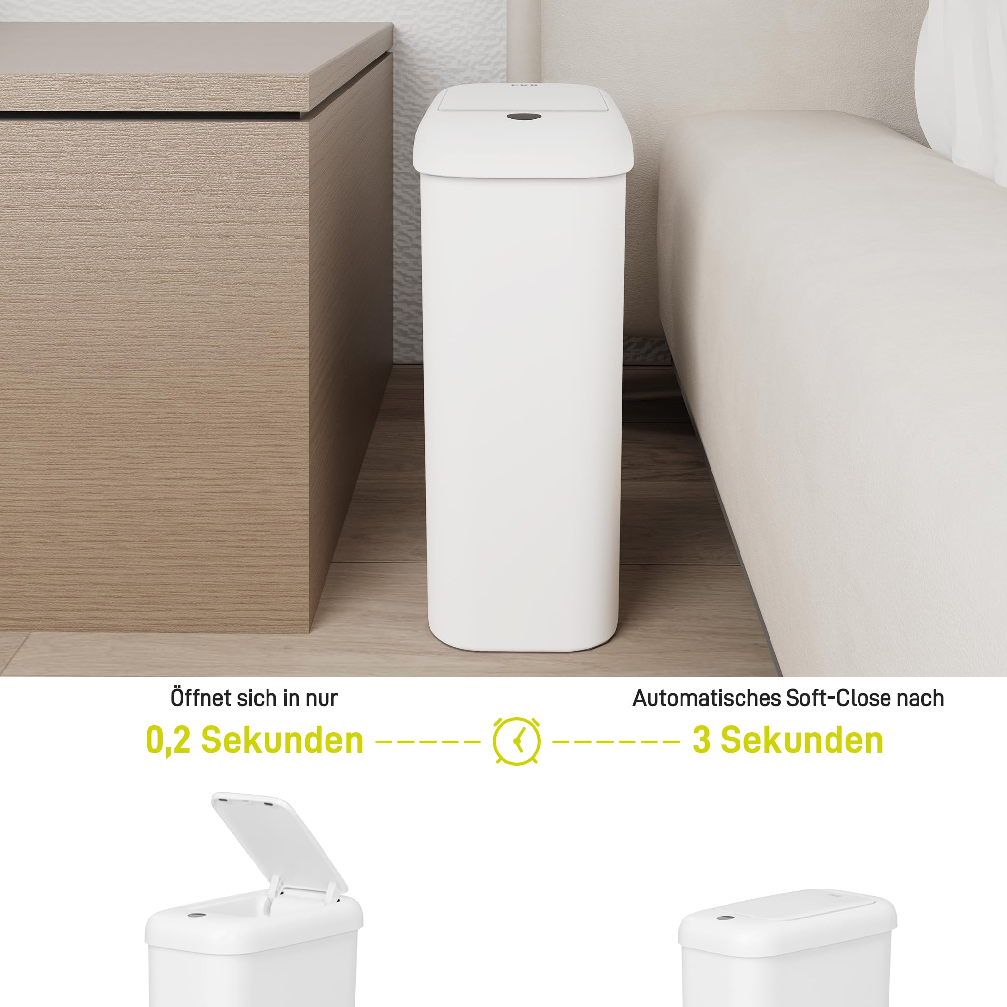 EKO Automatischer Badezimmer-Mülleimer mit Deckel, 10L Schlanker Sensor Abfalleimer, Wasserdichter Bewegungssensor-Kosmetikeimer für Bad, Büro und Küche, Soft Close, Weiß, Hochwertiger Kunststoff