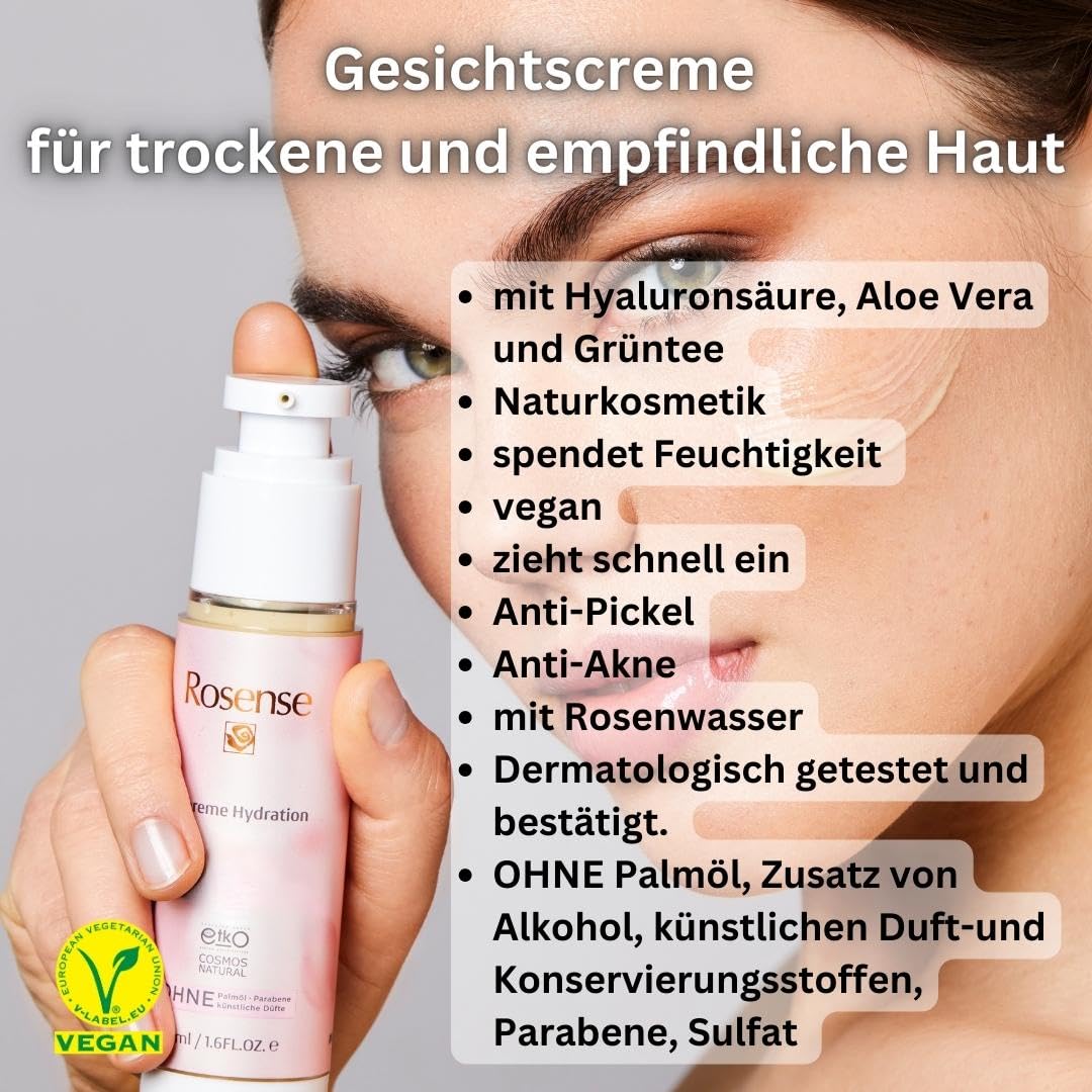 Rosense Zestaw do pielęgnacji skóry suchej/wrażliwej: pianka oczyszczająca 150 ml z pantenolem, woda różana/tonik do twarzy 300 ml, krem do twarzy z kwasem hialuronowym 50 ml, serum do oczu 15 ml –
